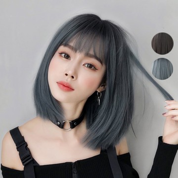 [台灣出貨附發票] 青灰色 整頂假髮 假髮 空氣劉海 wig 仿真 假髮女整頂 短假髮 女生假髮 假頭髮 鮑勃頭假髮
