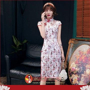 春夏新款印花絲綢中長款旗袍青春少女時尚改良修身顯瘦日常女式連衣裙洋裝-落櫻繽紛(粉色)-水水女人國