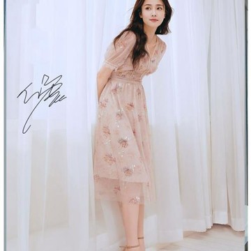 現貨白鹿明星同款2021新款粉色泡泡袖裙子亮片網紗碎花連衣裙女夏