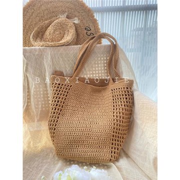 韓系chic慵懶風大容量棉線編織包新款鏤空漁網度假風沙灘包百搭女