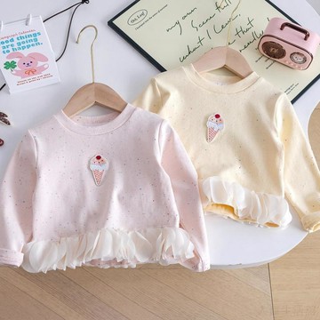 🎀臺灣出貨🎀女童T恤秋季新款寶寶甜美卡通貼布打底衫兒童洋氣拼接花邊上衣長袖 t恤 衛衣 兒童套裝 帽t 大學t 帽t