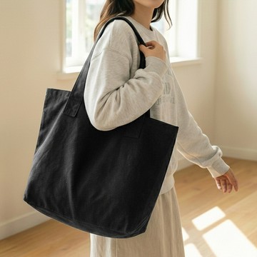 無印風大容量帆布單肩托特包 黑