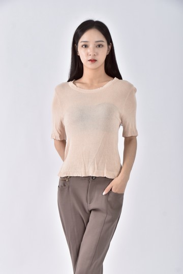 (S) 針織荷葉粉色短袖上衣