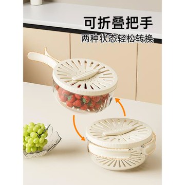 抖音同款！水果蔬菜瀝水籃2024新款折疊手柄帶蓋洗水果神器保鮮碗