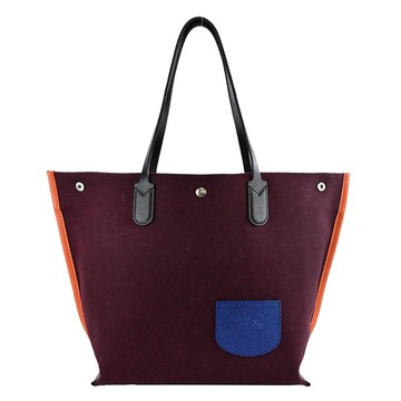 LONGCHAMP ESSENTIAL系列羊毛拼接帆布撞色前口袋肩背包(大/酒紅)