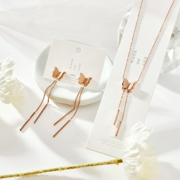 Noidb 手術鋼單蝴蝶雙層項鍊耳環組  單一尺寸  蝴蝶造型