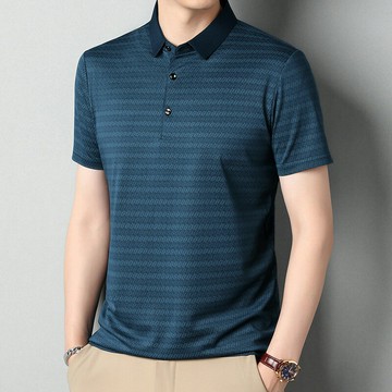 免運 短袖POLO衫男 夏季新款男士短袖POLO衫含桑蠶絲中年休閑商務翻領條紋半袖上衣男 快速出貨