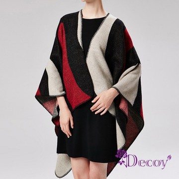 Decoy 流線印象派 雙色加大保暖斗篷式披肩 黑紅