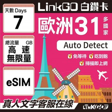 LINKGO白鑽卡 歐洲31國 eSIM卡 7天上網卡 高速不限流量吃到飽(歐洲網卡 西班牙 德國 奧地利 英國)