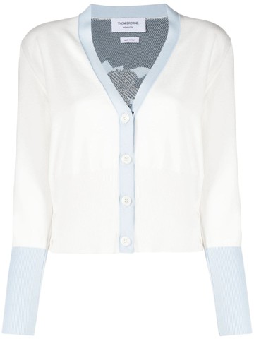 Thom Browne - floral-intarsia contrasting-trim cardigan - women - Polyamide/Cotton - 42 - Neutrals