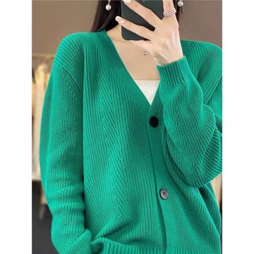 100%純棉開衫女V領寬松短款外套針織衫24秋季長袖氣質毛衣不起球