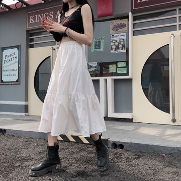 FUXI 白色半身裙女 高腰a字裙 傘裙 寬鬆顯瘦百搭拼接長裙 小個子中長裙 裙子 女裝 衣服 內搭裙