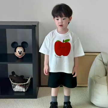 純棉兒童短袖蘋果T恤水果印花夏日卡通班服男童可愛寬鬆上衣寶寶 打底衫兒童 短袖T恤 夏天短袖 韓版T恤 中小童夏裝