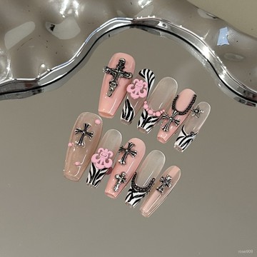 ➕最新設計款穿戴甲💅純手工穿戴甲片高級感粉色斑馬紋法式美甲可拆卸克羅心顯白假指甲長梯穿戴甲 OQAB