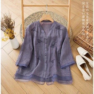 預購【ACheter】拼接蘆麻文藝小清新刺繡V領高端短版氣質上衣#116653(3色)
