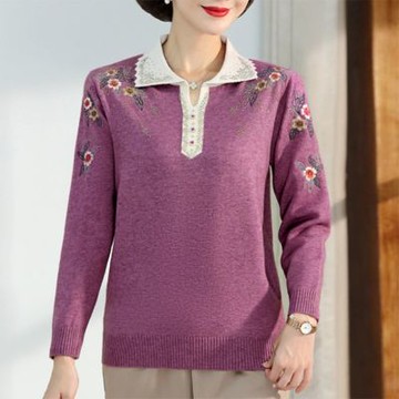 [米蘭精品] 現貨+預購 高級針織衫上衣秋冬毛衣寬鬆大碼休閒女裝百搭媽媽裝-長袖刺繡翻領女上衣5色74mo76