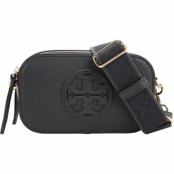 TORY BURCH Miller TB荔紋立體標誌皮革滾邊同色織帶斜背相機包(黑色)