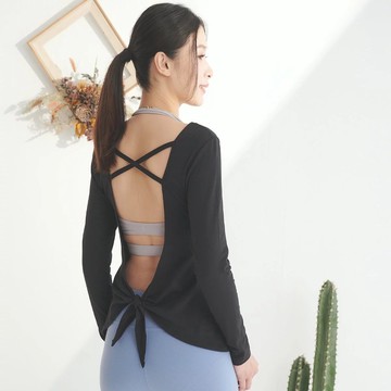 YOGA FLOW Gather(L)Sleeve - 後背雙交叉罩衫 - 墨黑 Black