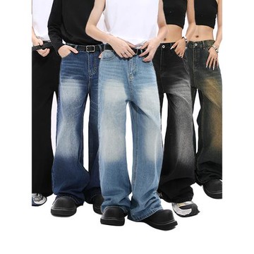 (免運)Voguo Relay 韓版cleanfit寬松直筒深藍復古做舊牛仔褲男女闊腿褲