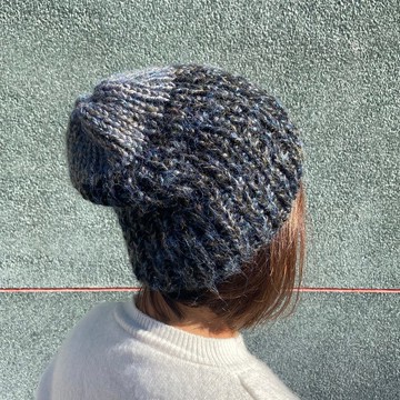 純手工手織毛帽 - 南美羊駝/安格斯山羊毛帽 黑灰夾藍花
