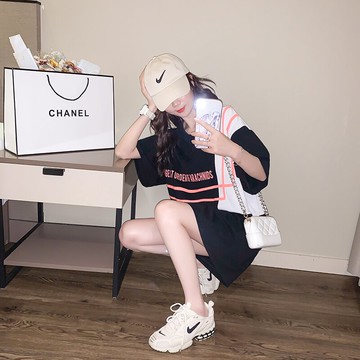 【戚米】夏季薄款拼色網紅上衣女ins超火短袖中長款T恤歐洲站大版