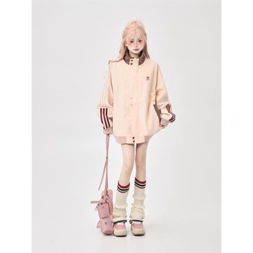 美式中性寬松撞色拼接粉色外套女春秋2026新款立領棒球服夾克上衣
