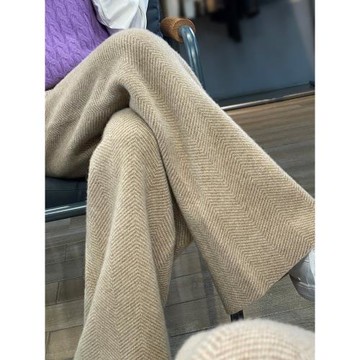秋冬新款高腰闊腿褲女100純山羊絨褲垂感加厚直筒休閑長褲子外穿