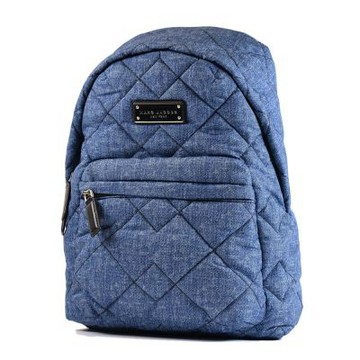 MARC JACOBS 鐵牌LOGO牛仔刷色菱格縫線拉鍊後背包-單寧藍/大