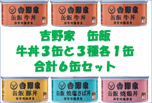 吉野家 缶飯 (玄米入り) 4種6缶セット 牛丼160g×3缶　焼鶏丼160g×1缶　豚丼160g×1缶　焼塩さば 160g×1缶 非常食 保存食 防災食 