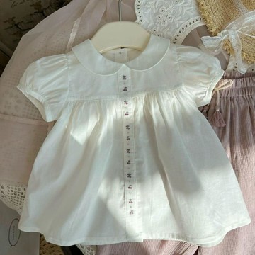 【臺灣出貨】夏季 襯衫 女童夏季新款上衣薄款繡花翻領短袖娃娃衫小櫻桃爆款森繫上衣