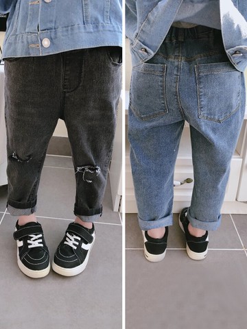 童裝春秋季新款 兒童帥氣舒適休閑褲 女童個性寬松破洞牛仔褲1入