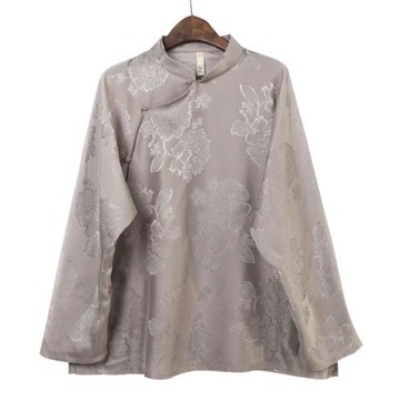 河泥原創設計真絲彩蘿桑蠶絲立領盤扣寬松長袖復古上衣襯衫