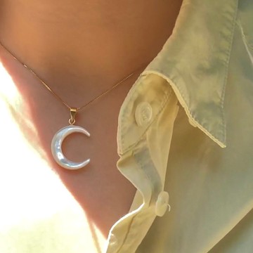 【月神】天然深海貝母 大小月亮 全925純銀頸鍊 (銀/金/玫瑰金)