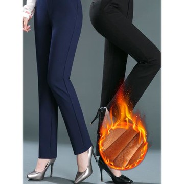 加絨加厚針織四面彈力中年女褲高腰修身小直筒長褲女士保暖休閑褲