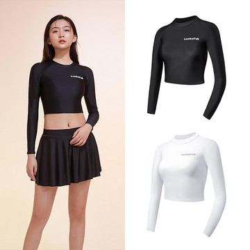 Luckyfish韓國新款 素色露臍潛水服 長袖防曬泳衣 速乾衝浪服 溫泉沙灘度假游泳上衣