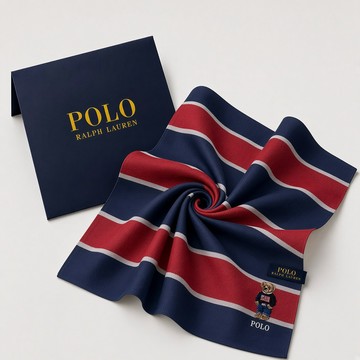 【RALPH LAUREN】POLO BEAR 小熊刺繡經典橫條紋純棉手帕領巾(海軍藍/紅色 48×48cm 日本製 附品牌紙袋)