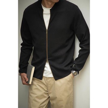 唔刃工裝四空針織法長絨棉MA1飛行員針織夾克雙拉鏈開衫男士春秋