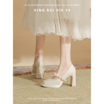 淺色主紗婚鞋粗跟不累腳平時可穿防水臺緞面珍珠瑪麗珍高跟鞋9cm