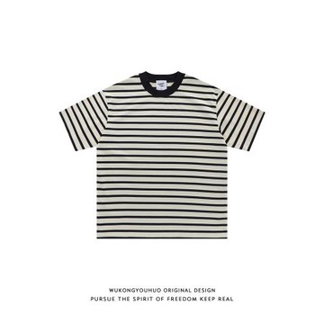 悟空有貨潮牌日系黑白條紋圓領短袖T恤男女夏季寬松情侶百搭上衣