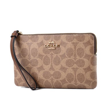 COACH 緹花LOGO防刮皮革大手拿包-棕褐