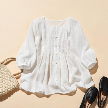 可愛巧緻的A字裙輪廓，透氣性佳的夏日亞麻罩衫，帶有細緻打褶設計的白色襯衫 250422-1