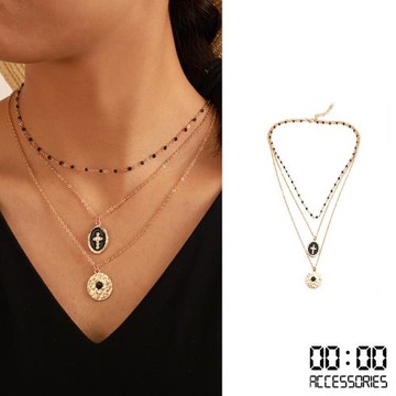 【00:00】簡約幾何十字架黑色滴釉歐美時尚多層次項鍊