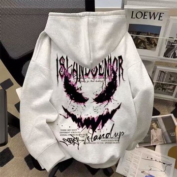 中大童美式高街風惡魔印花連帽衛衣男女童寬松hiphop加絨外套上衣