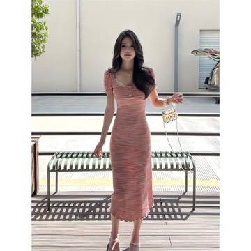 (免運)韓系彩色條紋泡泡袖連衣裙女士夏季新款洋氣收腰顯瘦中長包臀裙子