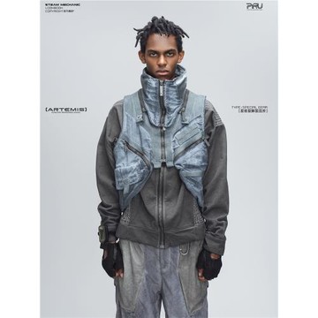 蒸汽機能STEAM 工裝廢土風無袖背心馬夾不對稱立體袋拆卸馬甲外套