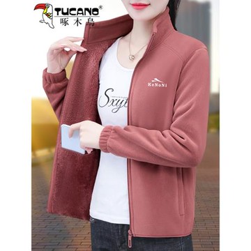 啄木鳥搖粒絨外套女中老年秋冬加絨2025新款開衫立領保暖抓絨上衣