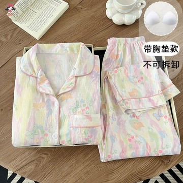 台灣出貨 2025帶胸墊長袖長褲睡衣女春秋季女生寬鬆簡約家居服雲朵棉套裝帶胸墊睡衣胸墊睡衣睡衣套裝長袖睡衣居家服套裝