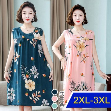 [韓國K.W.]紳士女伶進口棉綢印花洋裝(洋裝/連身裙/短袖/長裙/寬鬆/居家/休閒)