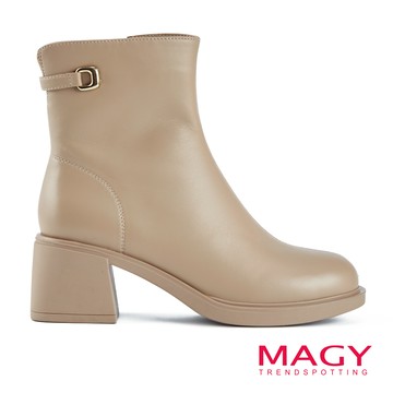 MAGY 金屬釦羊皮拉鍊粗高跟短靴 可可 #14930