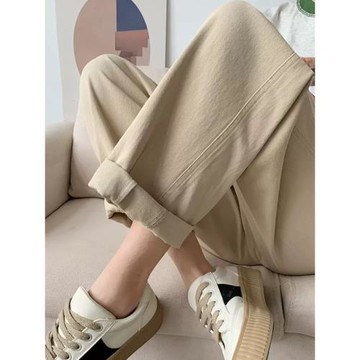 洗水棉直筒工裝褲子女夏季薄款高腰垂感九分休閑褲寬松哈倫老爹褲